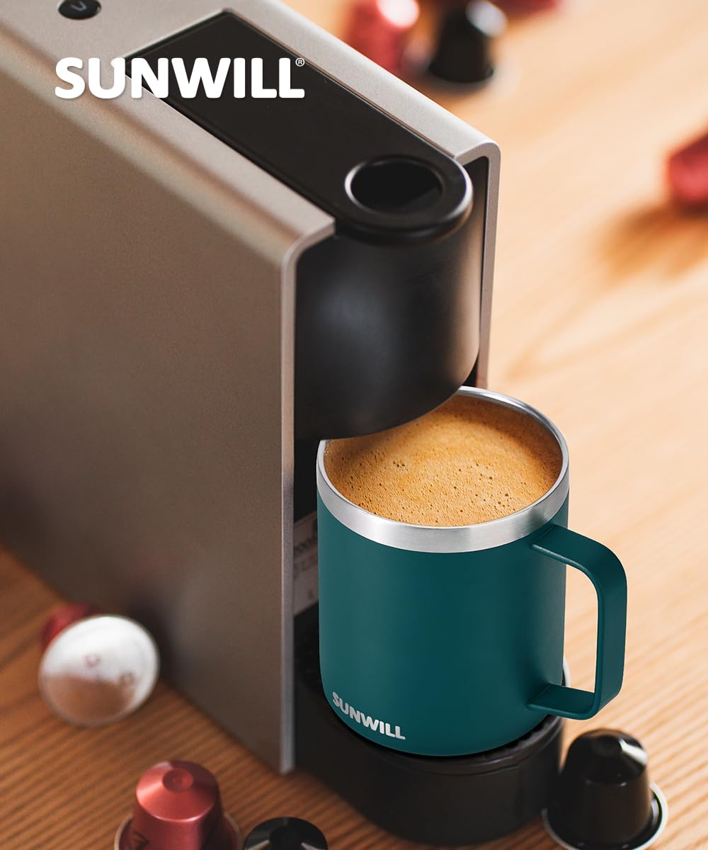 SUNWILL Insulated Coffee Mug with Lid, Travel Tumbler with Handle, 14 oz Stainless Steel Cup for Camping, Office, Home, Powder Coated Deep Green