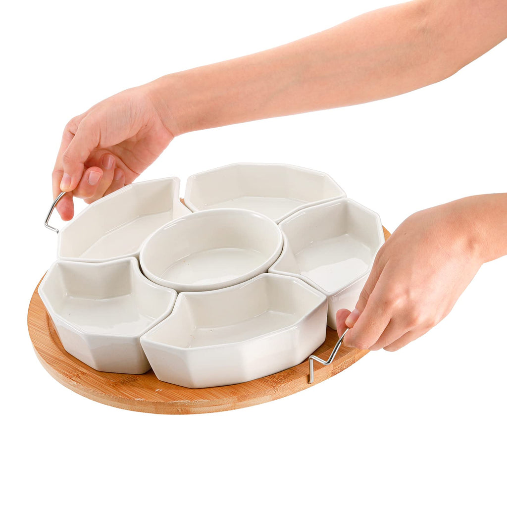 ZENFUN 11 Inch Ceramic Serving Tray and Platter, Divided Dip Bowls with Handles, 6-Compartment Removable Appetizer Snack Bowls, Round Sectional Serving Platter for Chips and Dip, Fruits, Condiment