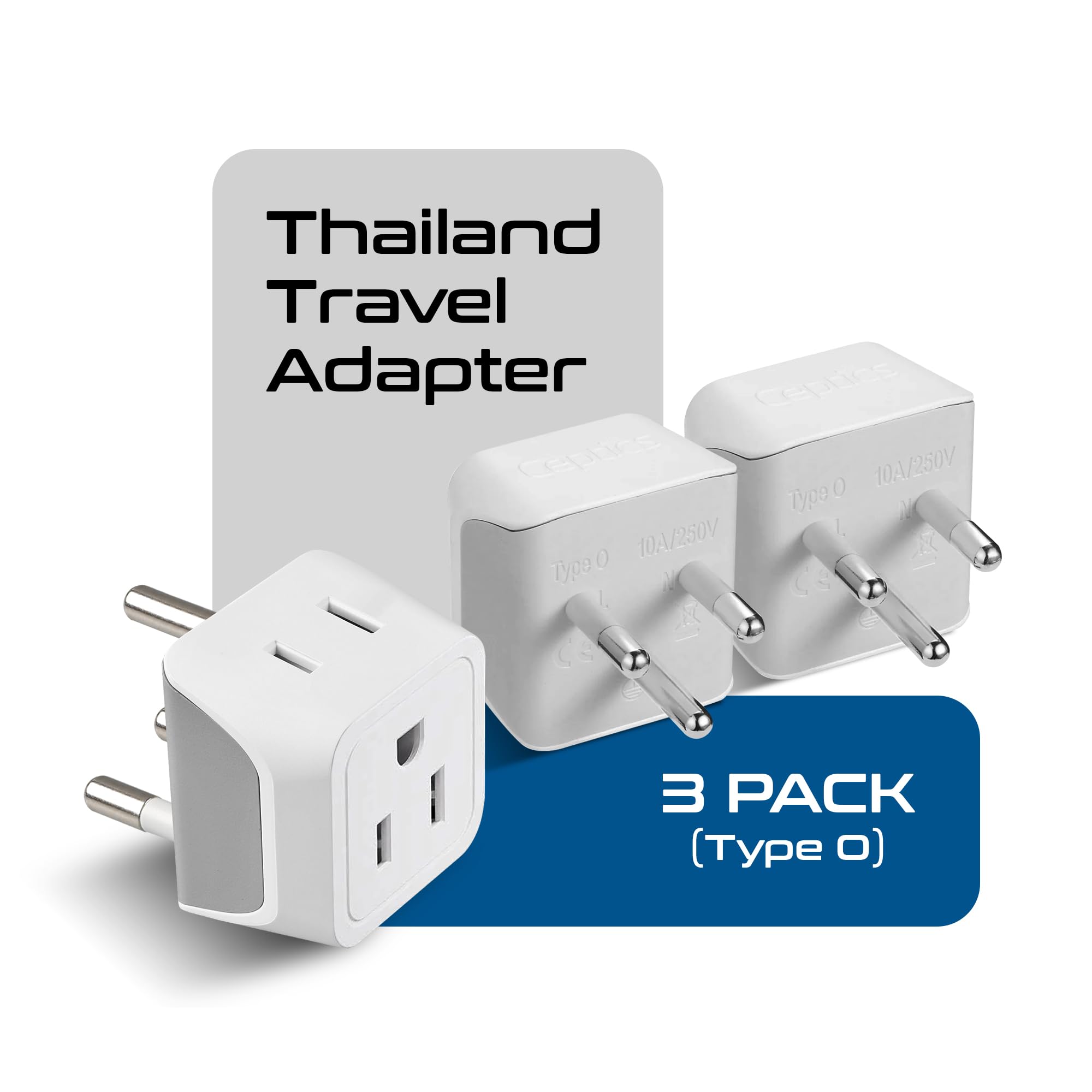 Ceptics Canada to Thailand Travel Adapter (Type O) - Dual Input - Ultra Compact - Charge your Cell Phone, Laptops, Tablets (CT-18, 3 Pack)