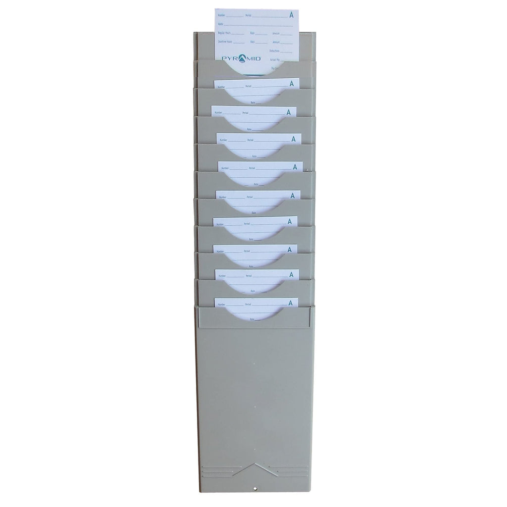 Pyramid Time Systems - Pyramid 400-10 Time Card Rack, Retractable Wall-Mounted Time Card Holder with 10 Pockets, Plastic Employee Organizer for Office, Light Gray