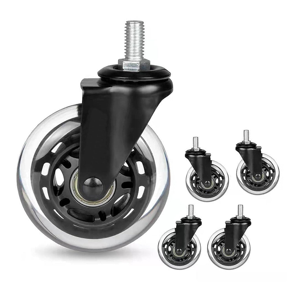 8T8 Replacement Office Chair Caster Wheels, M8-1 Threaded Stem Soft PU Rubber Safe for Hardwood Set of 5 (Black, Screw Stem)