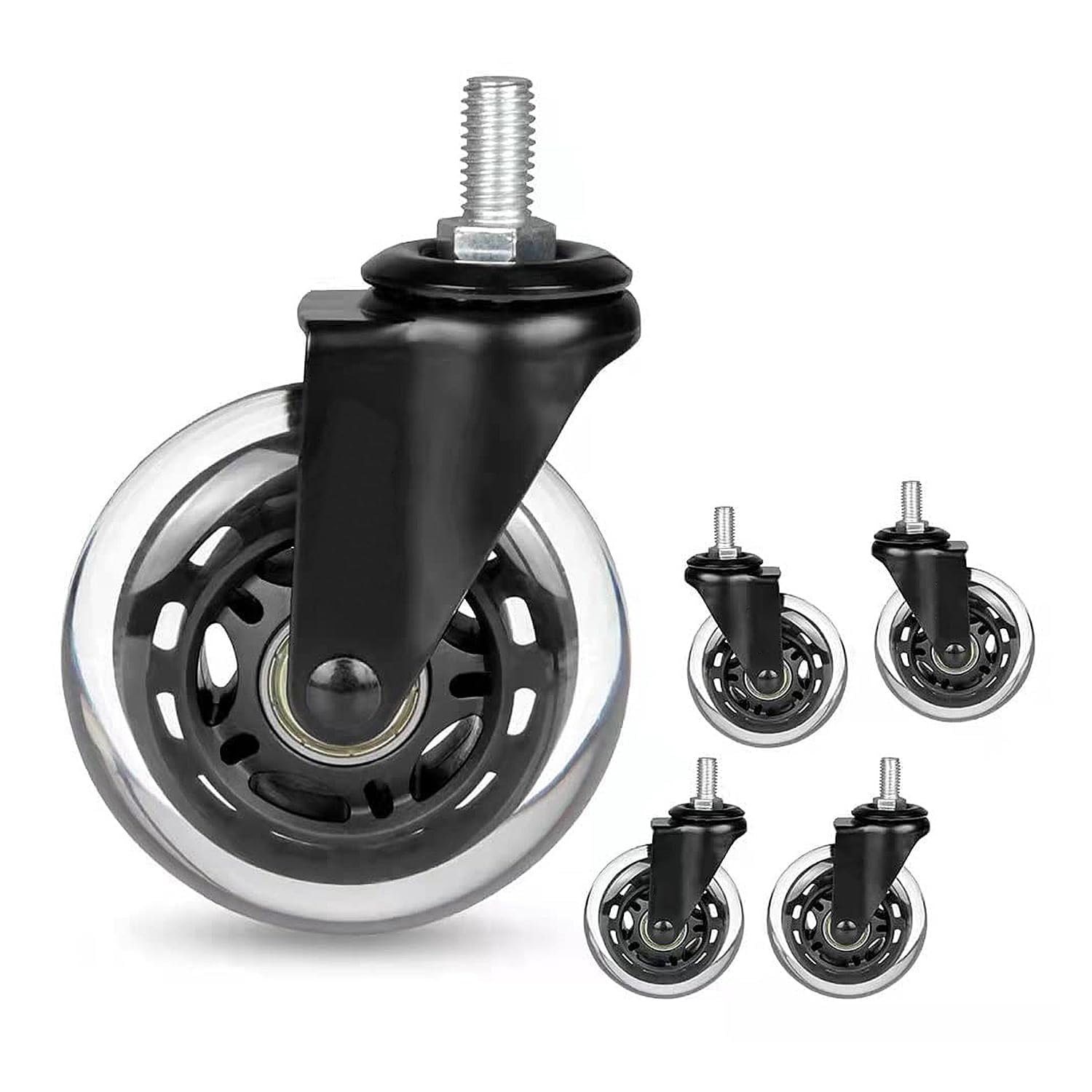 8T8 Replacement Office Chair Caster Wheels, M8-1 Threaded Stem Soft PU Rubber Safe for Hardwood Set of 5 (Black, Screw Stem)