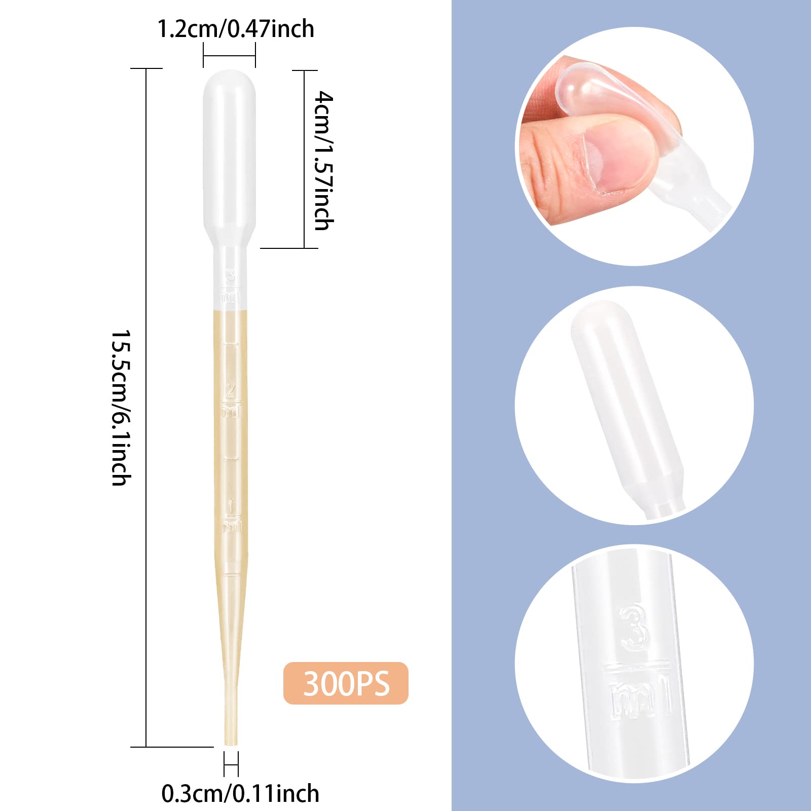 300PCS 3ML Plastic Transfer Pipettes, YSSHUI Disposable Pipette Transfer Pipettes for Essential Oil Pipette Makeup Tool
