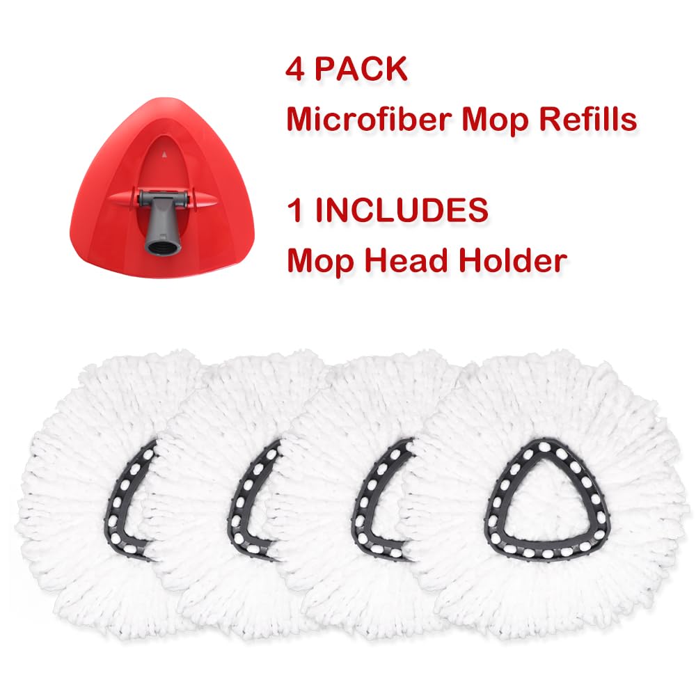 4Pcs Spin Mop Head Refills + 1 Mop Holder for Vileda, fit O-Cedar Spin Mop, Easy Wring Mop Replacement, Microfiber Triangle Replacement Pads, White Color (Pack4 * 1)