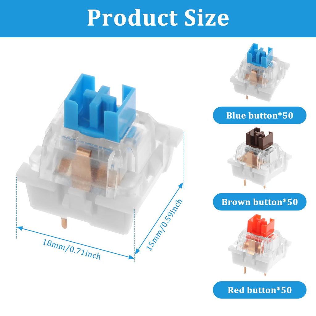 Tzdxfgl 150 PCS Mechanical Keyboard Switches, 3 PIN Blue Red Brown Tactile Switches, Dustproof Clicky Switch, Keyboard Clicker Keys Replacement for Mechanical Gaming Keyboards and Typing
