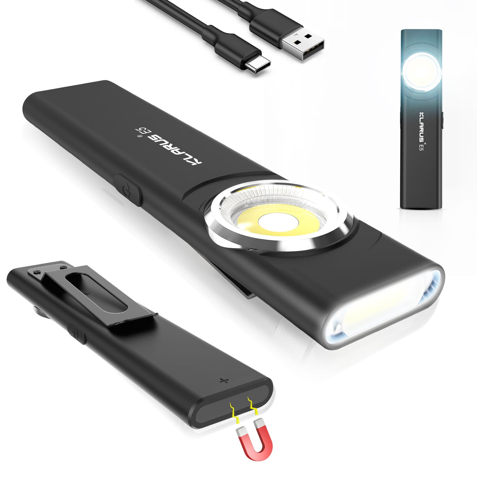 KLARUS E5 Pocket Flashlight, Rechargeable EDC Flashlight, Super Slim 4.2x1x0.3inch, 600 Lumens, USB-C Port, IPX4, Dual Light Source with Magnetic Base, Hat & Clothes Clip - Black