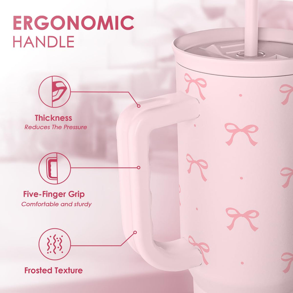 Gift for Women Girls - Coquette Bow Stainless Steel Tumbler with Handle, Travel Coffee Mug - Gifts for Birthday Christmas, 40oz