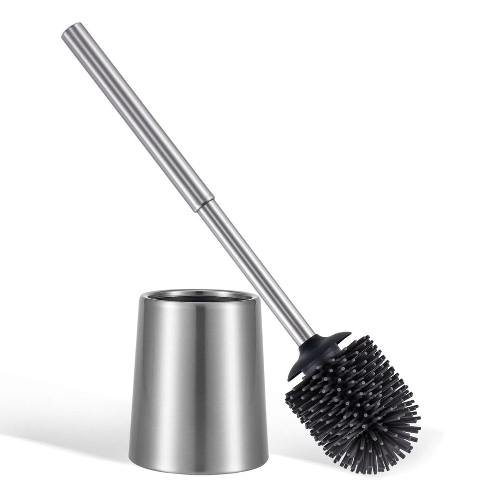 SOPRANNOMIN SUS304 Stainless Steel Toilet Brush and Holder Silicone Head TPE Soft Head Brosse Toilette Cleaning Brush for Bowl Bathroom Cleaning Brush Set Brosse de Toilette Brushed Silver