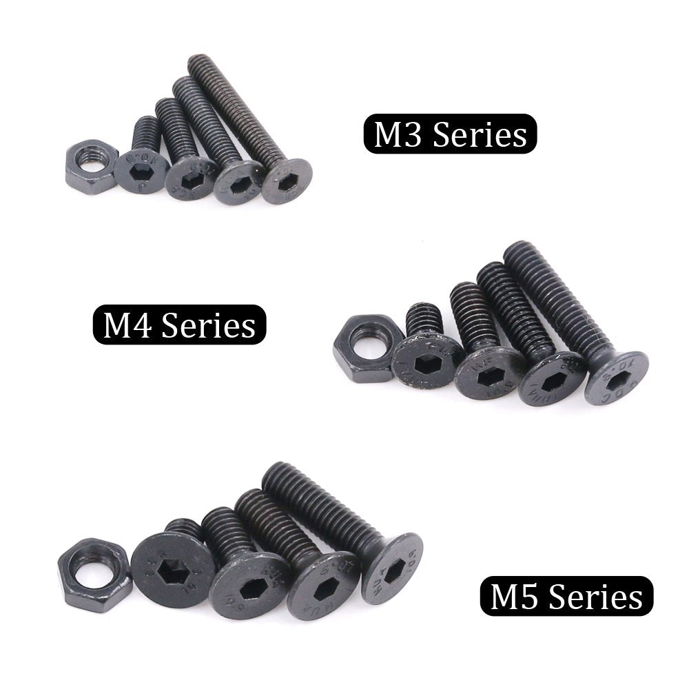 Hilitchi 460-Pcs M3 M4 M5 Hex Socket Flat Head Countersunk Bolts Screw Nut Assortment Kit - 10.9 Grade Alloy Steel
