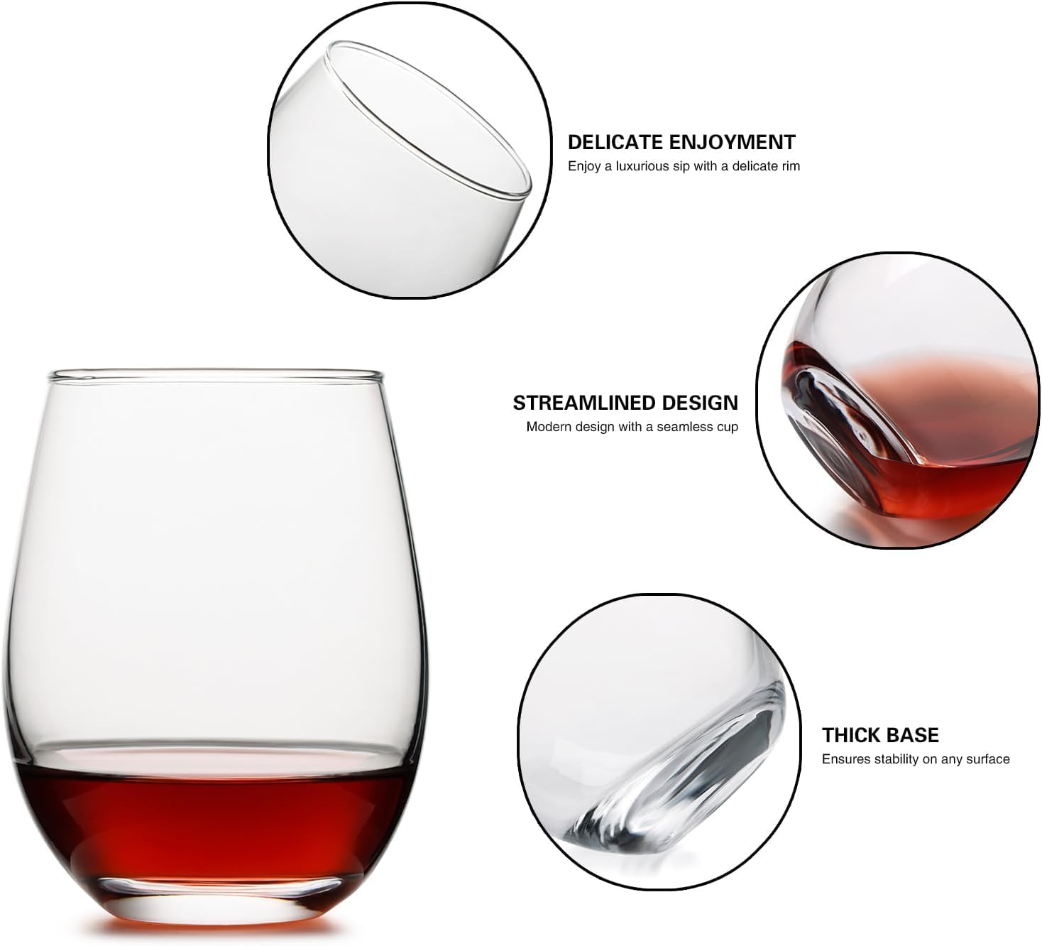 OUWO Stemless Wine Glasses Set of 4, 18oz Red White Wine Glasses,Lead-Free Wine Glasses for Home, Party, Wedding, Ideal Wine Accessories Gift,Clear