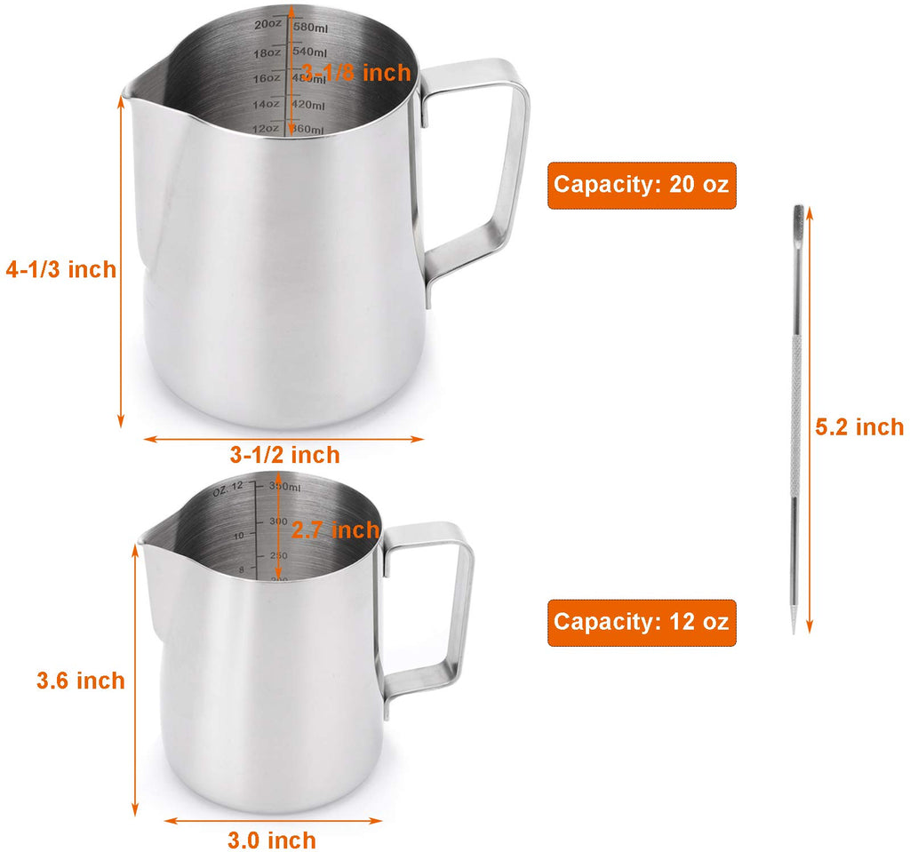 Nicunom 2 Pack Milk Frothing Pitcher, 12oz & 20oz Espresso Steaming Pitcher, Stainless Steel Milk Frother Steamer Cup, Perfect for Espresso Coffee Cappuccino Latte Art, Tick Mark Inside