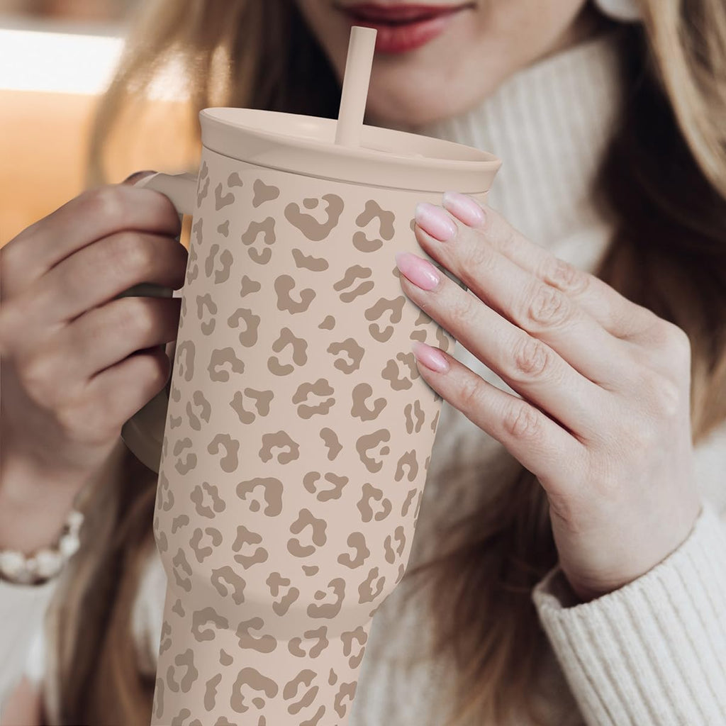 SANDJEST Leopard Tumbler with Handle, Insulated Cup Stainless Steel Travel Mug Cup, Gifts for Women Girl on Birthday Christmas, Tan Leopard, 40oz