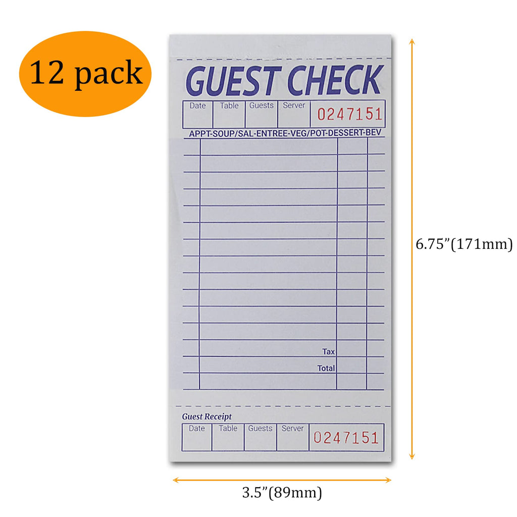 suituts 12 Pack Guest Check Books Server Waitress Pads, 2-Part Carbonless Order Pads for Restaurants, Server, Waiter, 50 Sheets Per Server Pads Total 600, Extra 3 Clips