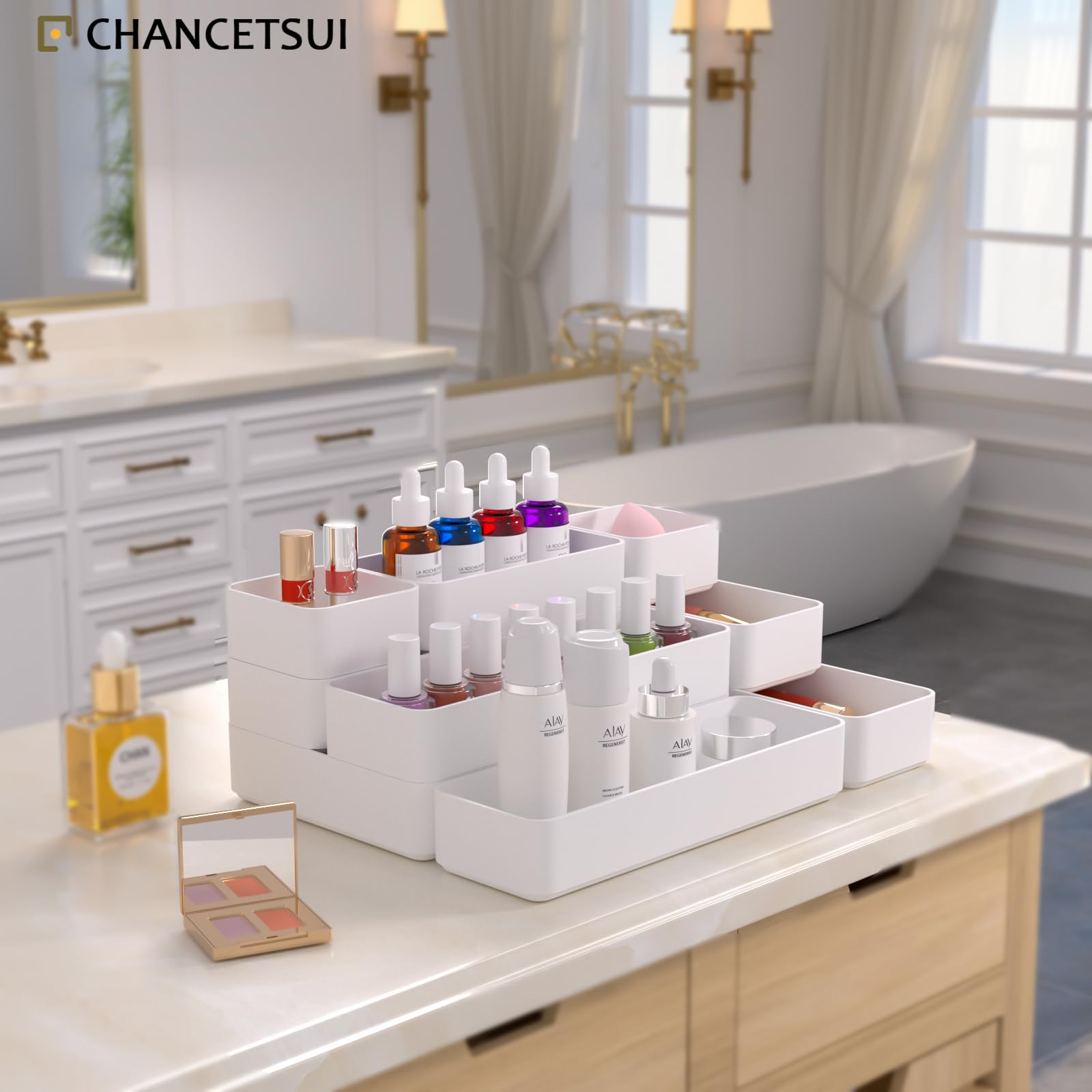 9 Pcs Stackable Drawer Organizer Trays Set, Multifunctional Stackable Storage Trays for Vanity, Bathroom, Kitchen, Desk Drawer Organizer Office. Plastic Drawer Organizers.