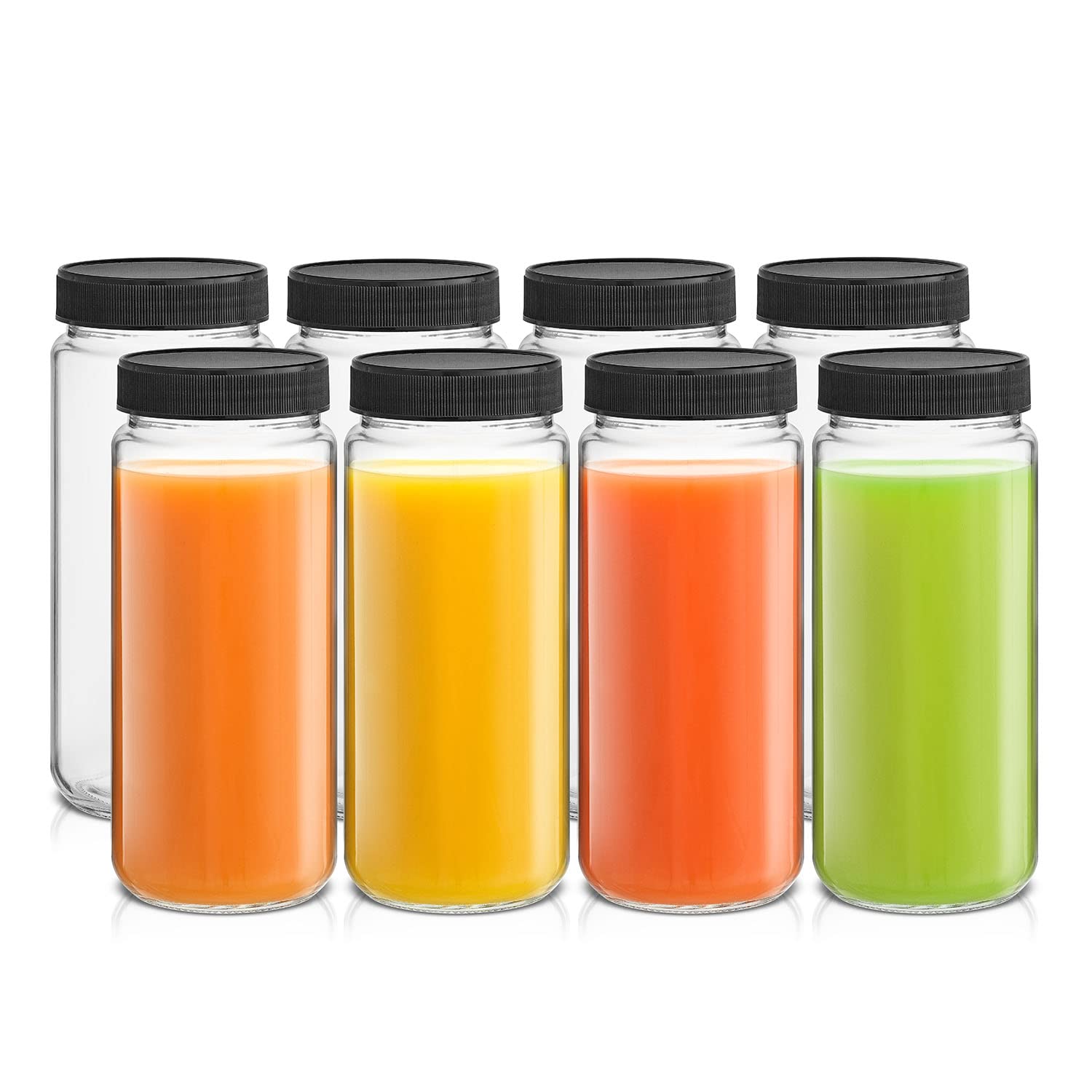 JoyJolt Glass Bottles, 16 oz Set of 8 With Caps and Labels for Fridge. Containers for Juice, Cold Brew, Smoothies