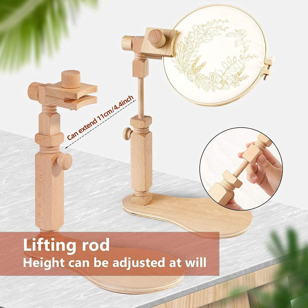 Embroidery Stand, Size Adjustable Embroidery Frame Hoop Stand, Natural Beech Wood Rotated Cross Stitch Stand Stitching Embroidery Hoop Stand Embroidery Hoop Holder for DIY Craft Project