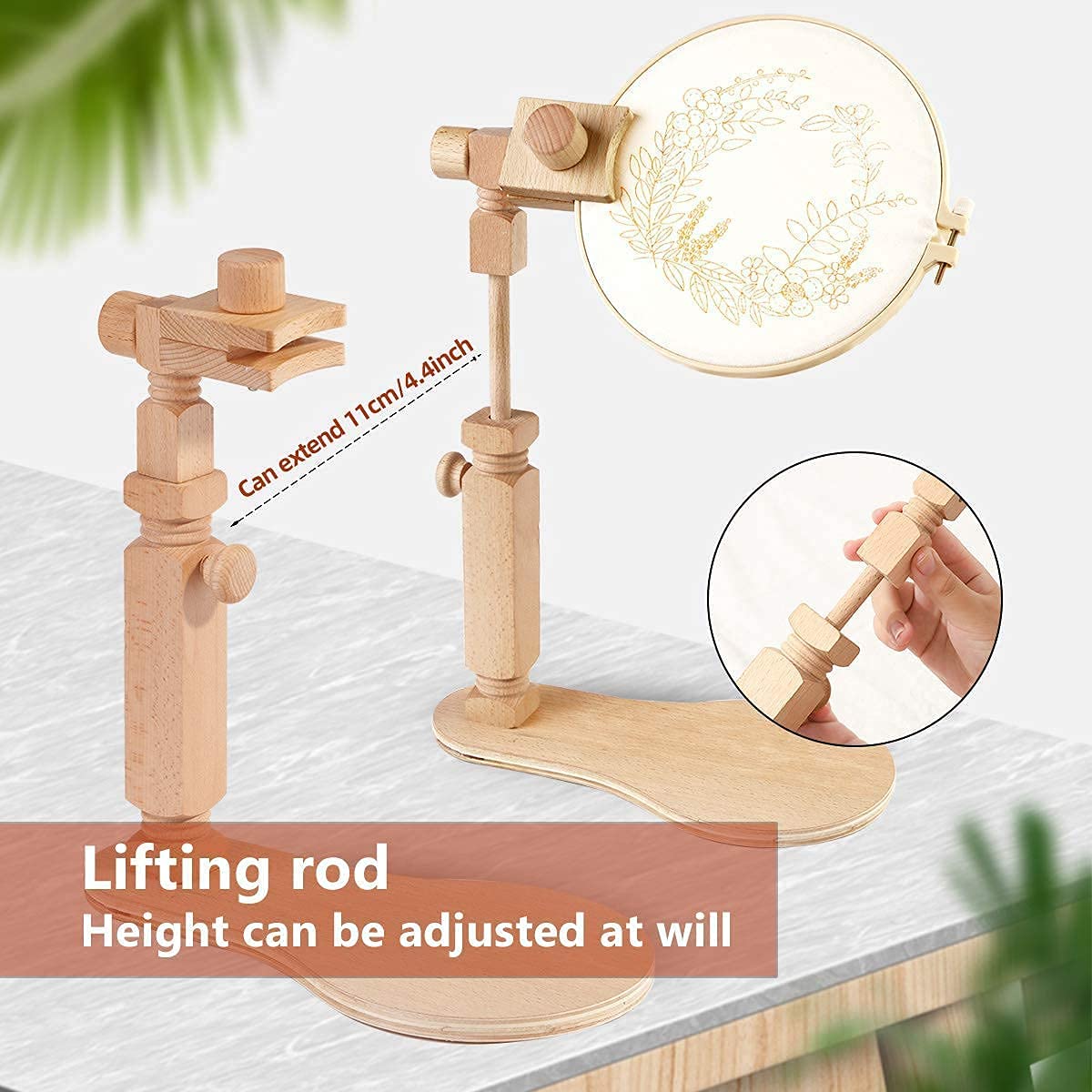 Embroidery Stand, Size Adjustable Embroidery Frame Hoop Stand, Natural Beech Wood Rotated Cross Stitch Stand Stitching Embroidery Hoop Stand Embroidery Hoop Holder for DIY Craft Project