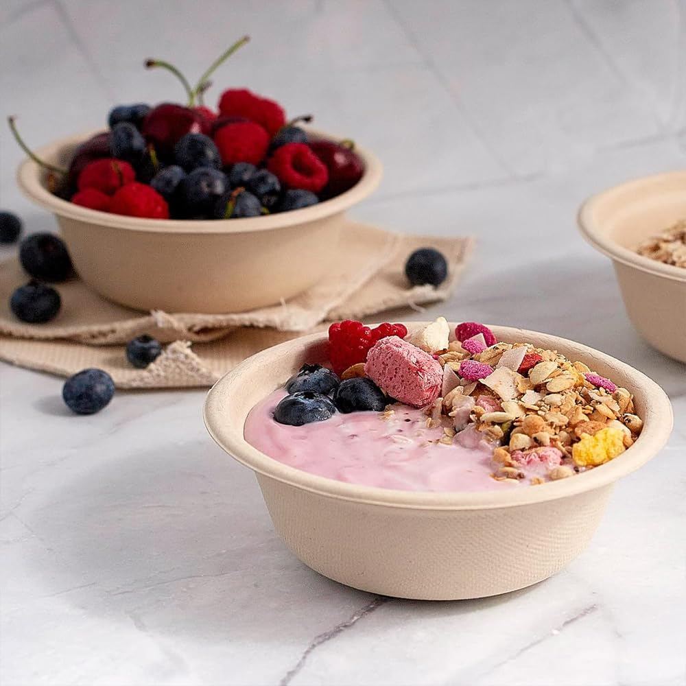 160 Pcs 12 Oz Paper Bowls Compostable Biodegradable Disposable Soup Bowls Bulk Duty Round Eco Friendly Sugarcane Bowls Hot Cold Food Plates and Bowl for Salad Dessert Camping Set (160, 5.31*1.69inch)