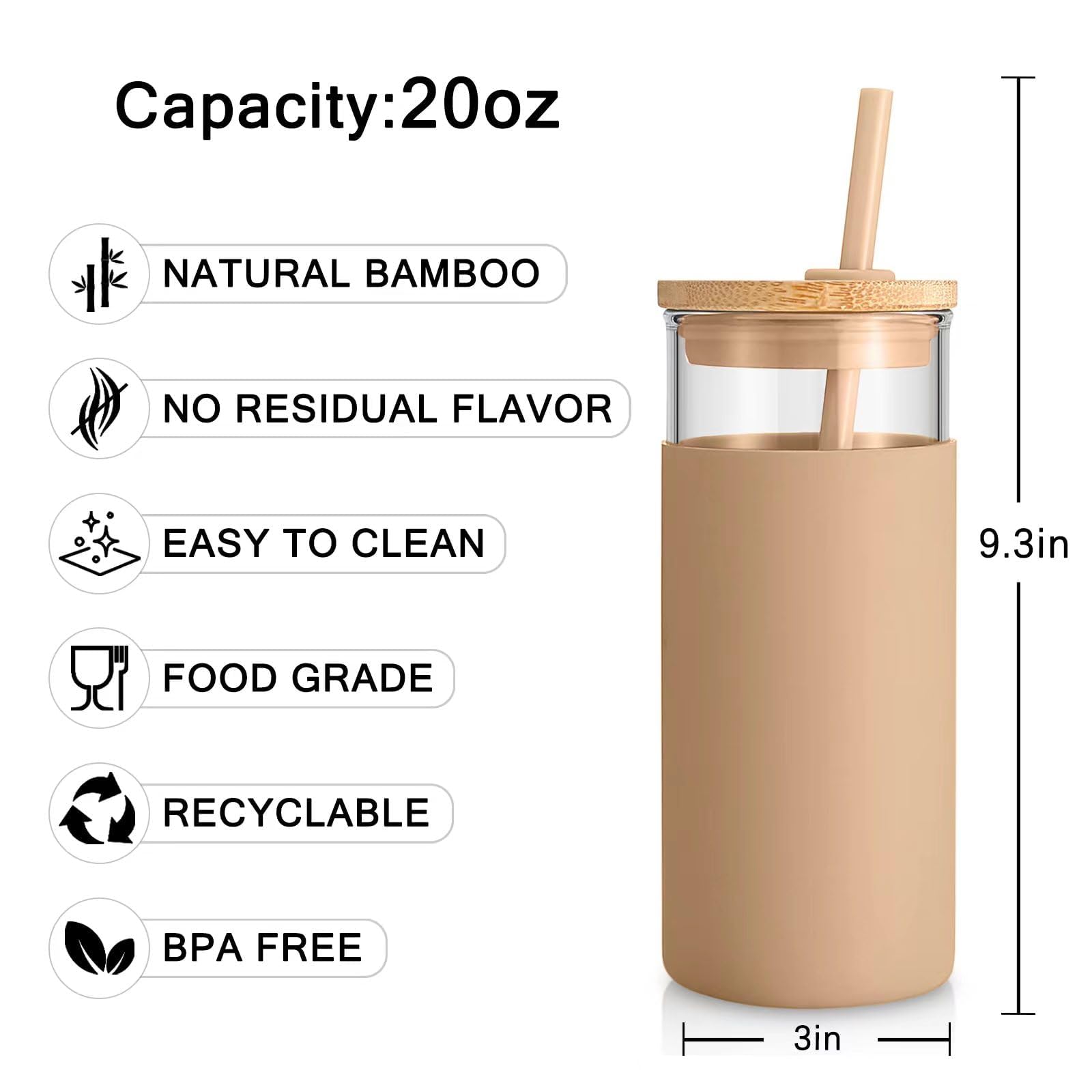 Tronco 20 oz Glass Tumbler with Straw and Bamboo lid,Wide Mouth Smoothie Cups,Reusable Iced Coffee Cup, Tumbler with Silicone Protective Sleeve - BPA Free（Amber）