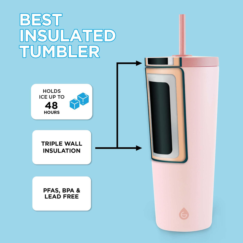 GROSCHE Jasper Tumbler with Straw. Extreme Insulation, Classy Design, Built to Last, Insulated Stainless Steel Tumbler with Lid and Straw, Perfect for Iced Coffee, Canadian Brand! - 23 fl oz, Pink