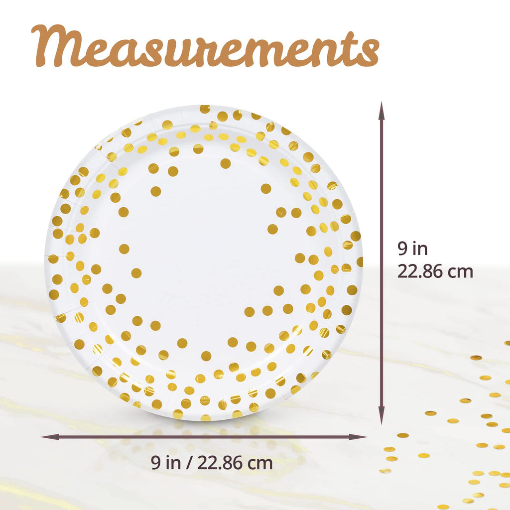 MATICAN 100-Pack Disposable White & Gold Party Plates, 9-Inch with Foil Polka Dots