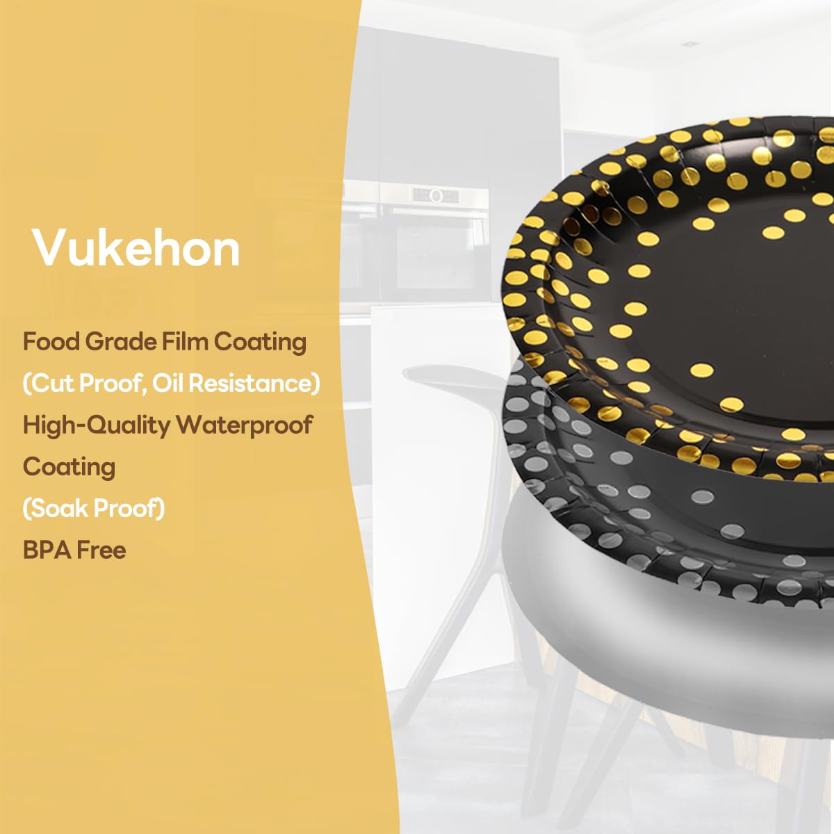Vukehon 100PCS Disposable Black Paper Plates for Party Round Dinner Plates 7inch & 9 Inch Golden Foil Polka Dots, Black and Gold Party Supplies for Graduation, Birthday, Wedding, Cocktail Party