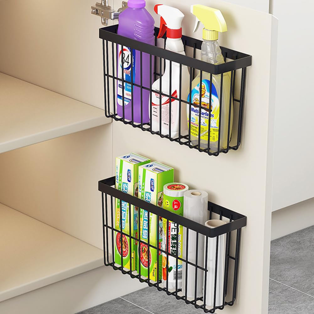 EigPluy 2 Pieces Kitchen Cabinet Door Storage Box, Self-Adhesive Storage Boxes, Wall Mounted Metal Storage Boxes,Cabinet/Bathroom/Fridge Small Items Organiser Storage Box (Black)