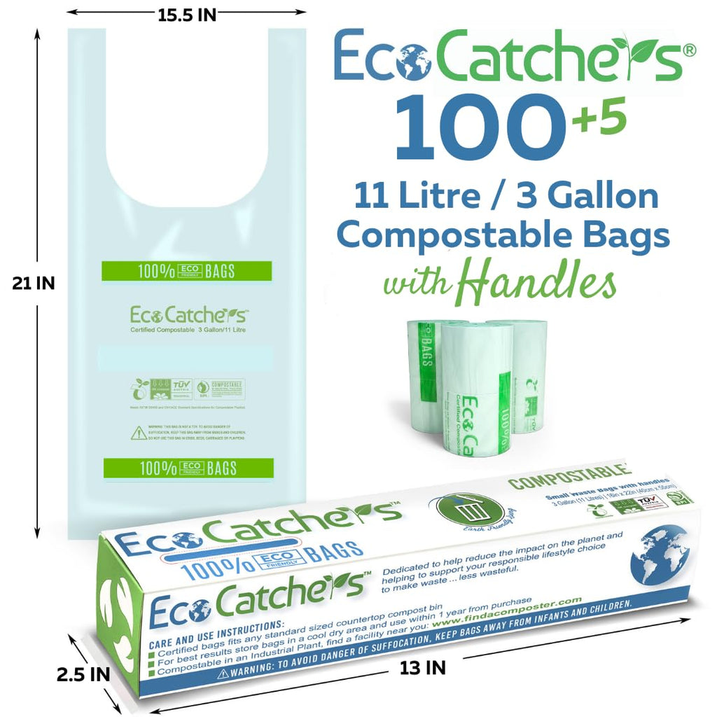 EcoCatchers Compost Bags 11 Litre – 100 [+5] Certified Compostable Bags with Handles for Kitchen, Bathroom, Diaper Pail, Green Bin, 3 Gallon Biodegradable Garbage, Litter, or Poop Bags
