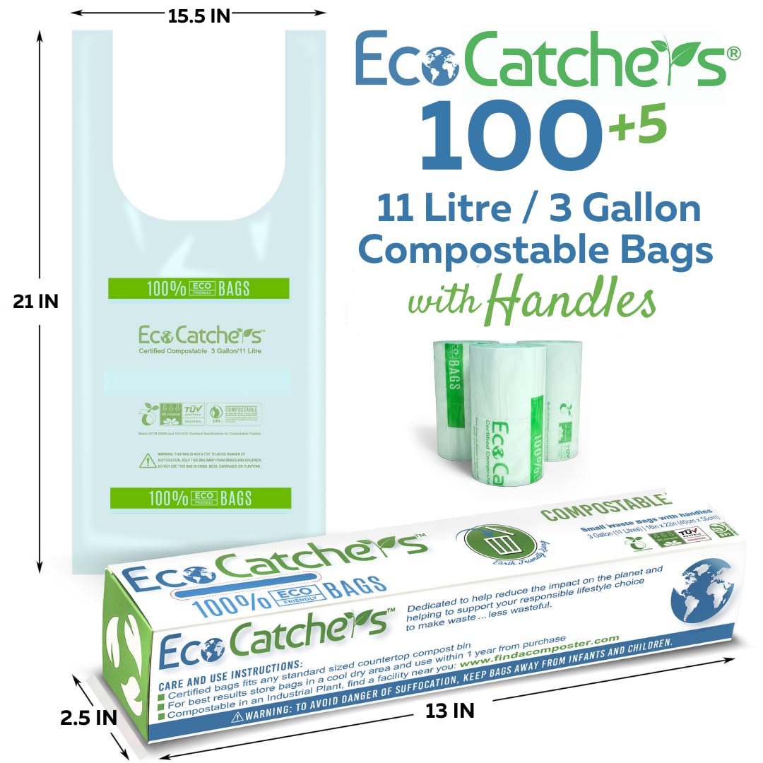 EcoCatchers Compost Bags 11 Litre – 100 [+5] Certified Compostable Bags with Handles for Kitchen, Bathroom, Diaper Pail, Green Bin, 3 Gallon Biodegradable Garbage, Litter, or Poop Bags