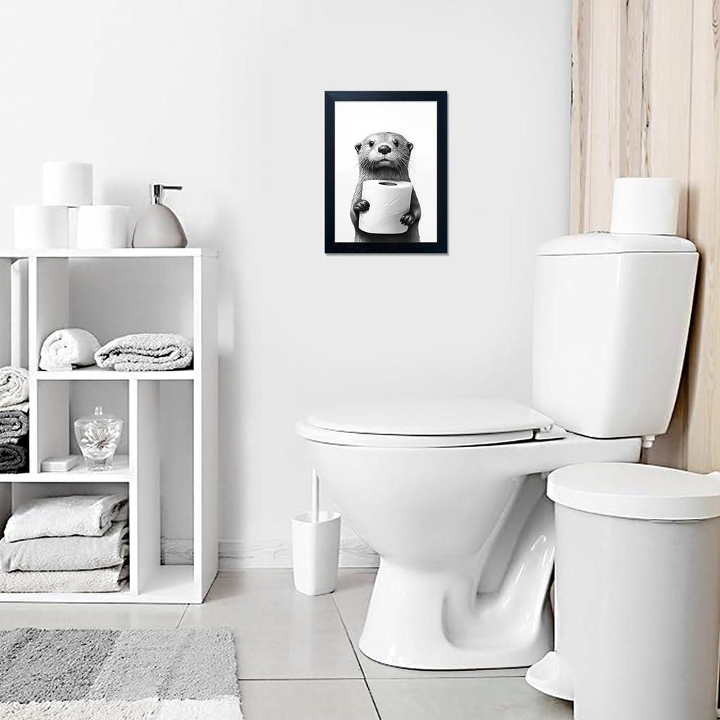 Bathroom Picture Wall Decor Black and White Framed Wall Art for Bathroom Toilet Paper in the Hand of a Little Funny Raccoon Canvas Print Painting