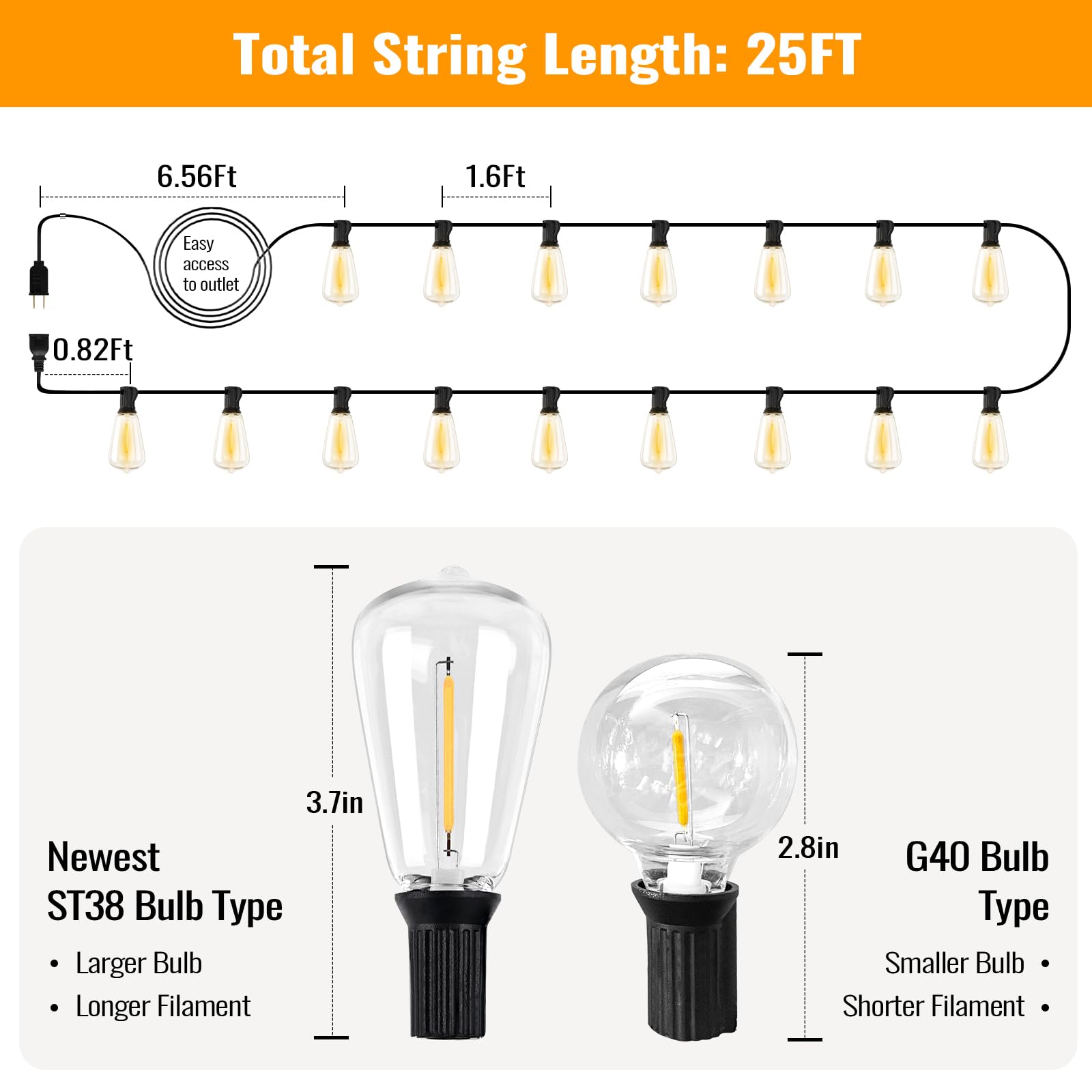 25FT Outdoor String Lights with 12+1 LED Edison Bulbs Dimmable, Waterproof Exterior Patio Lights, Shatterproof Connectable ST38 Hanging Lights for Garden Backyard Balcony Party, 2700K Warm White