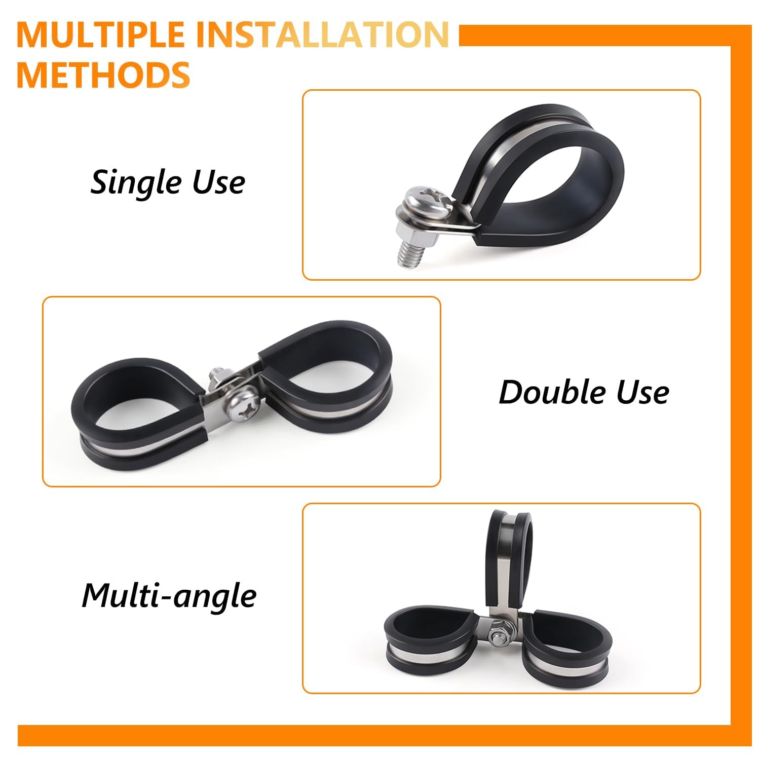 Flytuo 60PCS Cable Clamps Assortment Kit, 304 Stainless Steel Rubber Cushion Pipe Clamps in 7 Sizes (1/4" 5/16" 3/8" 1/2" 5/8" 3/4" 1") - P Clips for Fasten Hose, Pipe and Cable