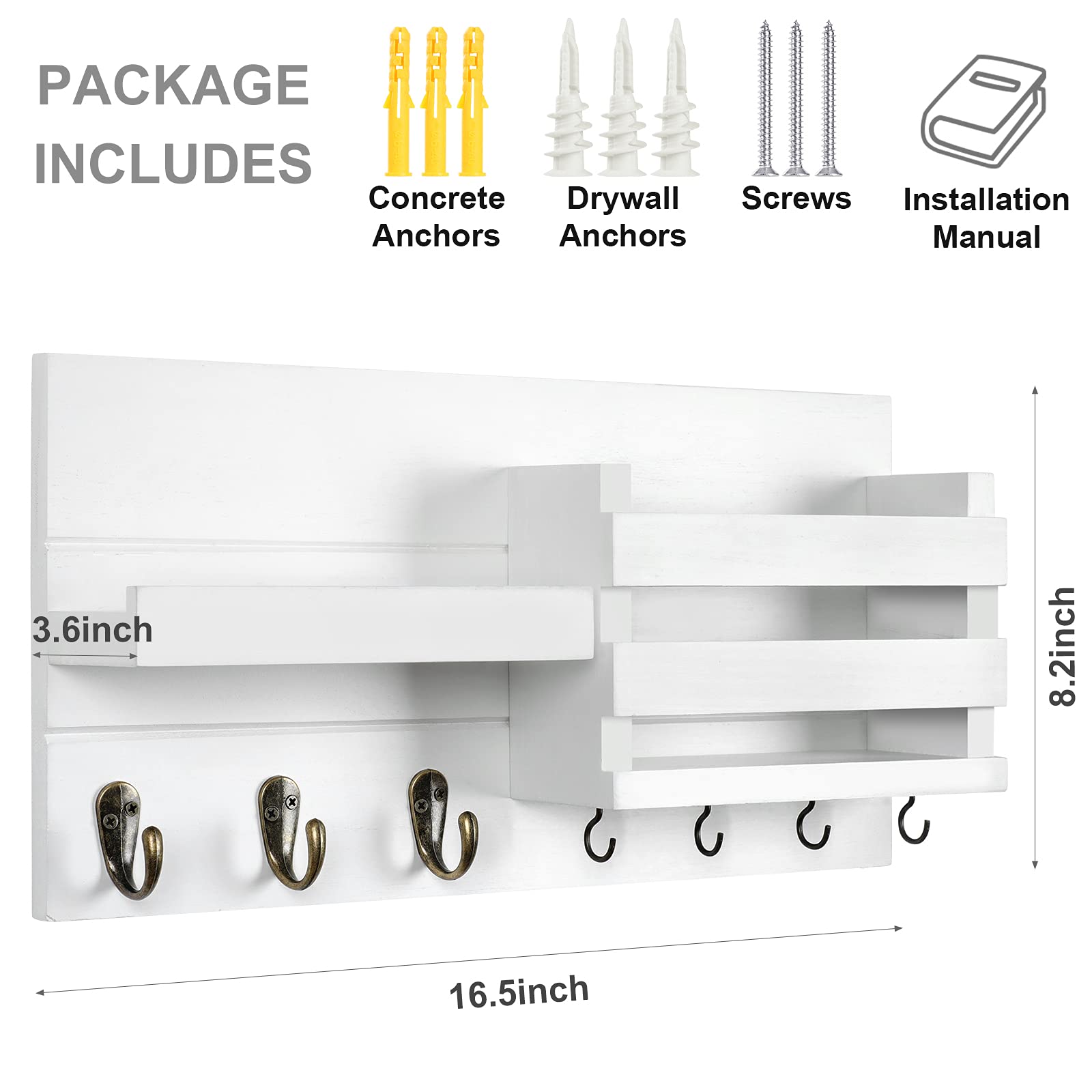 Lwenki Mail Organizer for Wall Mount – Key Holder with Shelf Includes Letter Holder and Hooks for Coats, Dog Leashes – Rustic Wood with Flush Mounting Hardware (16.5” x 8.7” x 3.5”)