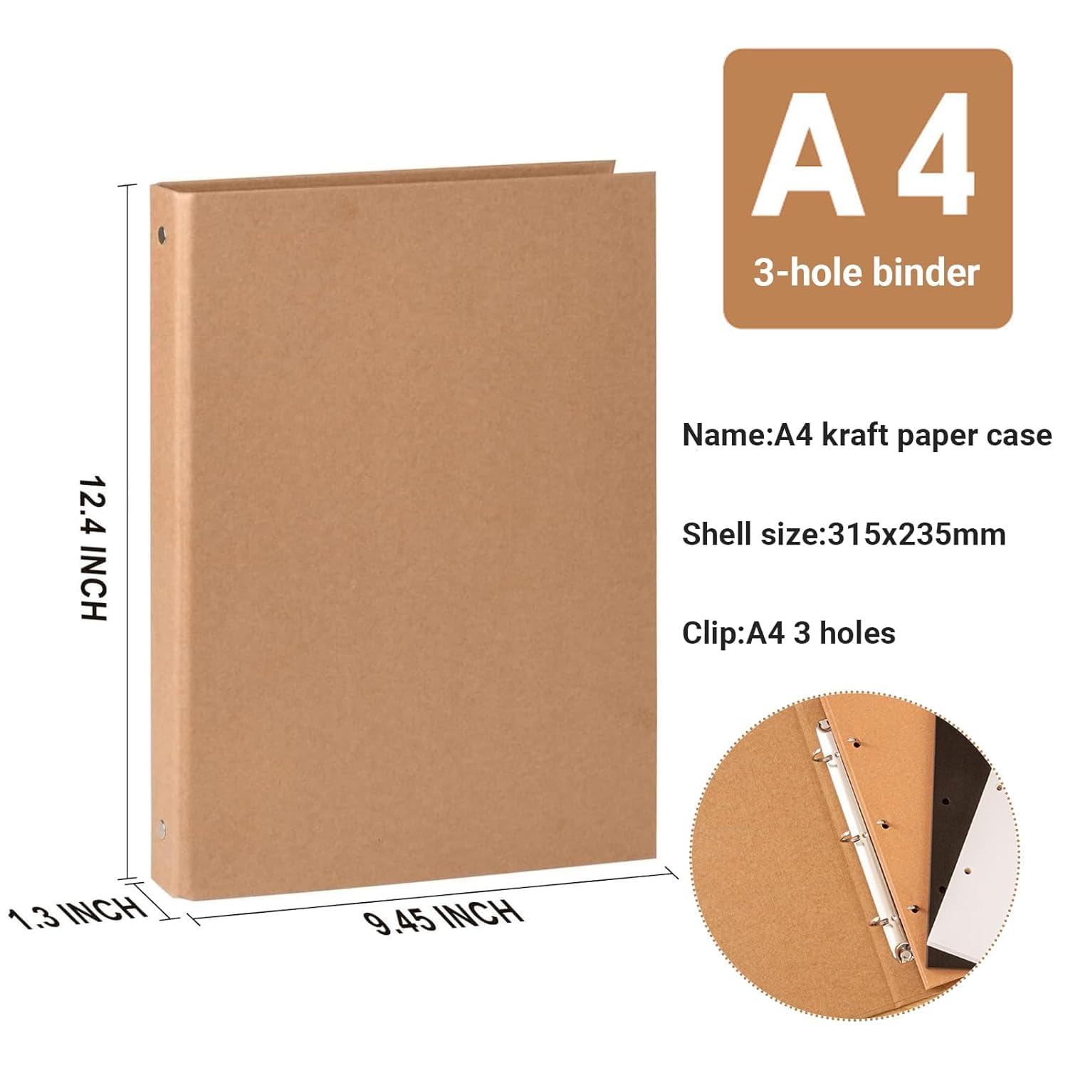 A4 Kraft Binder 3-Holds Round Ring Binder 2 Pack, Durable Binding Hard Cover Protector for Journal, Notebook, Inserted Sheets & Refill Paper, Holds 200 Sheets Capacity (A4 Size)