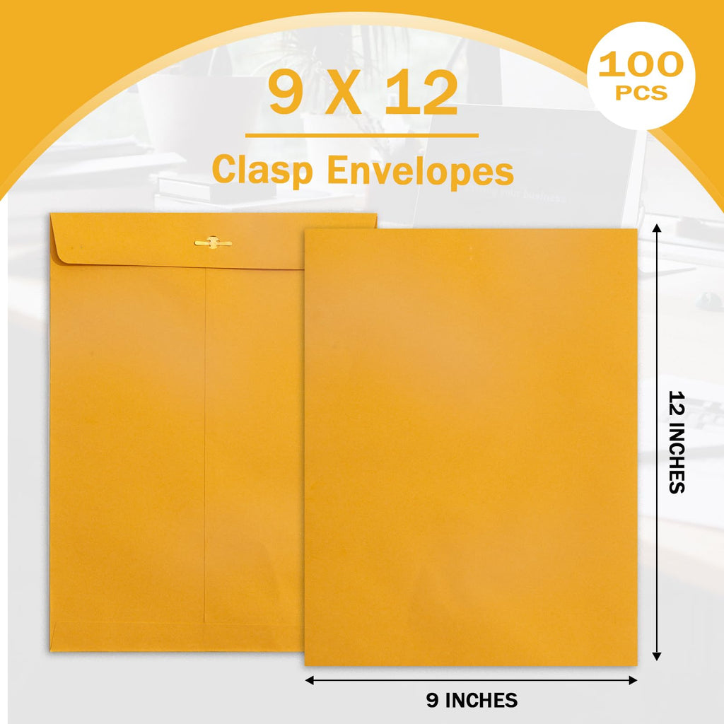 Clasp Envelopes 9x12, 100 GSM Paper, 100 Pack Goefun Brown Kraft Manilla Envelopes with Clasp Closure and Gummed Seal for Business, Legal, Office, Home and School