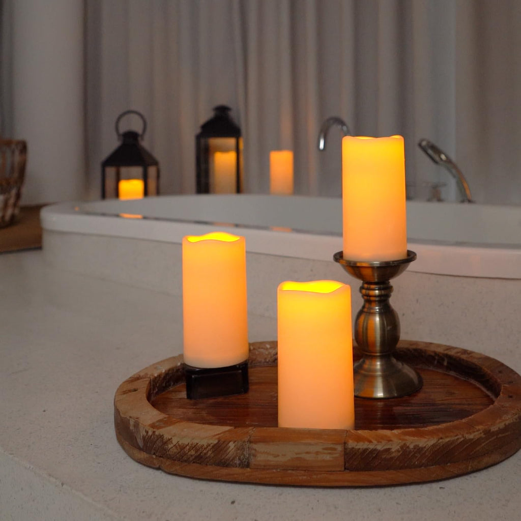 AMAGIC Outdoor Waterproof Flameless Candles Flickering, Fake LED Pillar Candles, Battery Operated Candles with Remote Control and Timer, Ivory, Set of 2, 3" x 6"