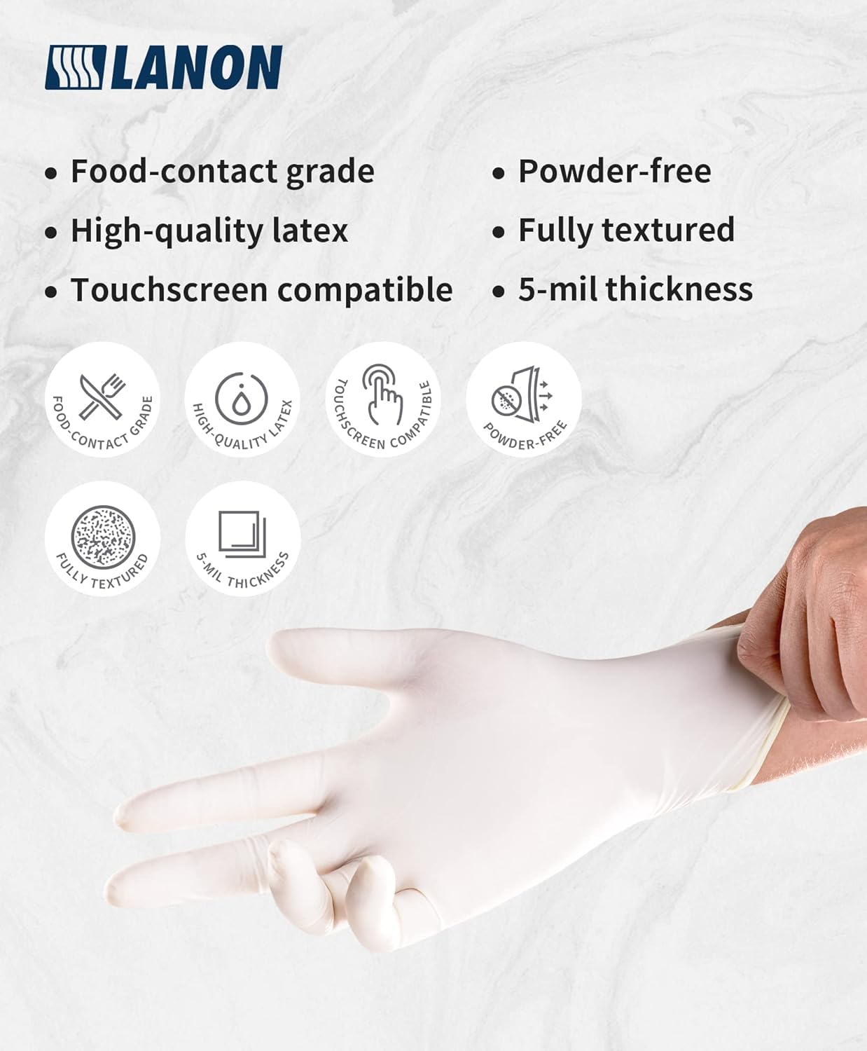 LANON 5-mil Natural Disposable Latex Gloves, Food-Contact Grade, Powder-Free, Fully Textured, for Cooking,Cleaning, Industries, White,Medium