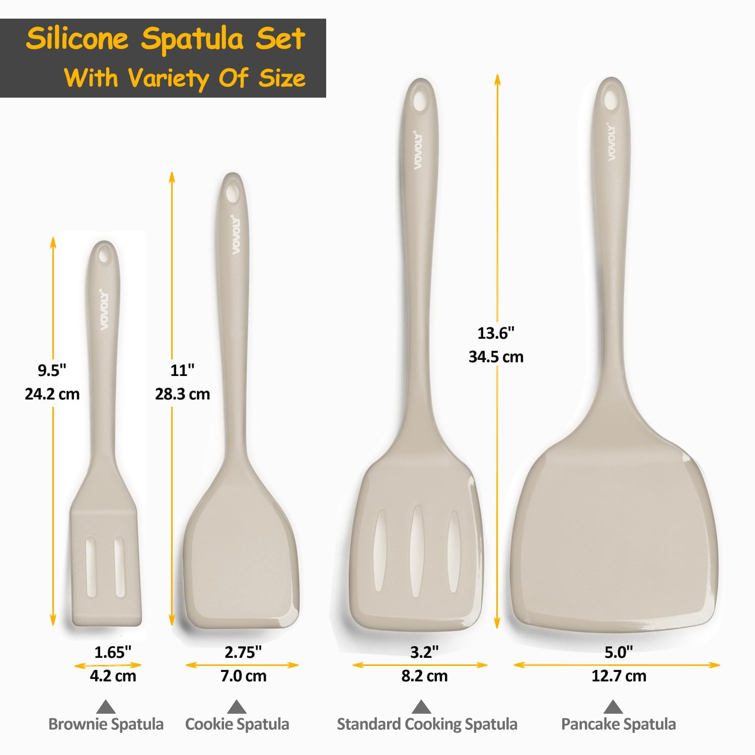 Silicone Spatula Set, 600°F Heat Resistant Silicone Spatula Turner Flipper for Cooking, Non Stick and Non Scratch Kitchen Utensils for Eggs & Pancakes, 4 Pack,Khaki