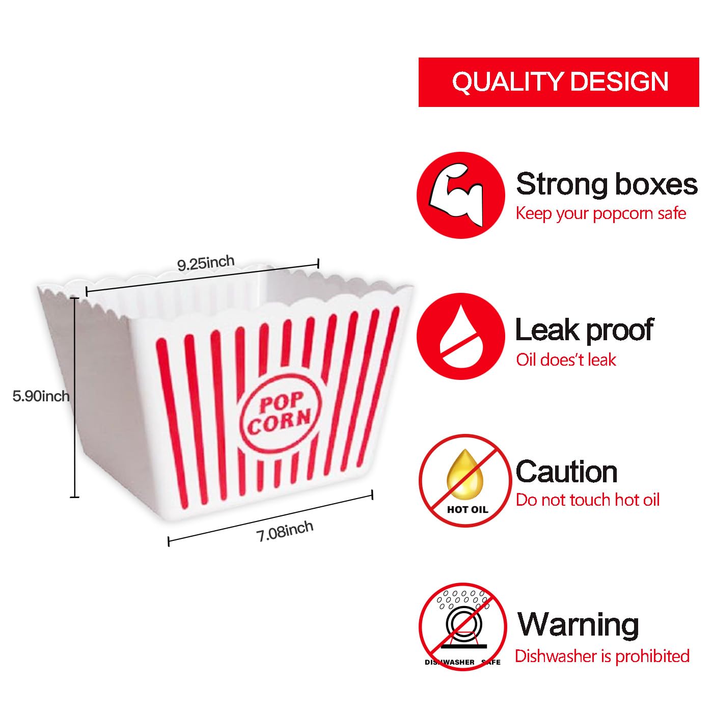 Novelty Place Plastic Popcorn Bowl, Red & White Striped Classic Popcorn Containers for Movie Night - 9.25" Square x 5.9" Deep (1 Pack)