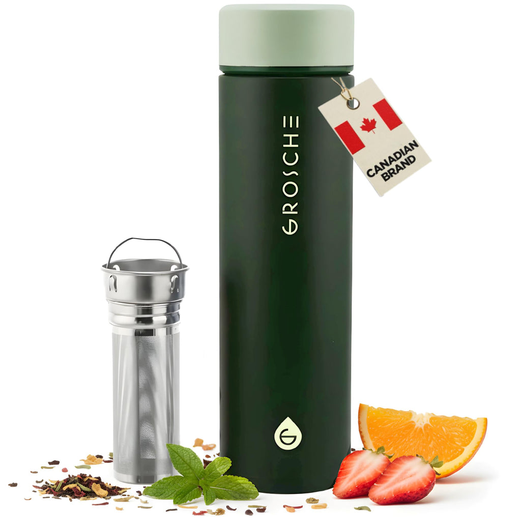 GROSCHE Toronto 16oz Insulated Infuser Flask - Stainless Steel, Leakproof, Perfect for Tea, Coffee, and Fruit Infusion, Home, Travel & Outdoor Use, Canadian Brand! - 16 fl. oz, Forest Green