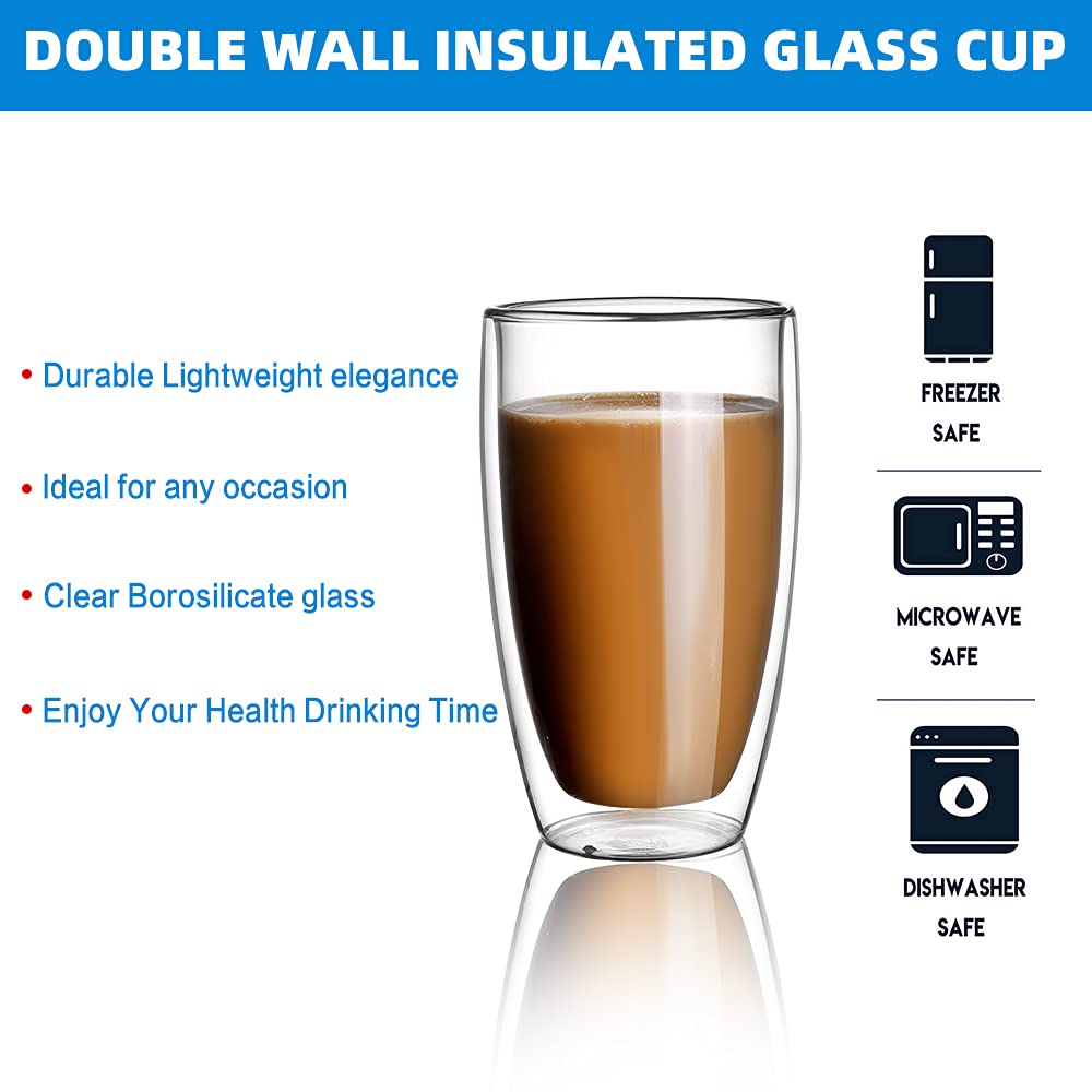 CnGlass Double Wall Thermo Glass Coffee Cup 13.5 oz,Clear Insulated Glass Coffee Mug,Set of 2