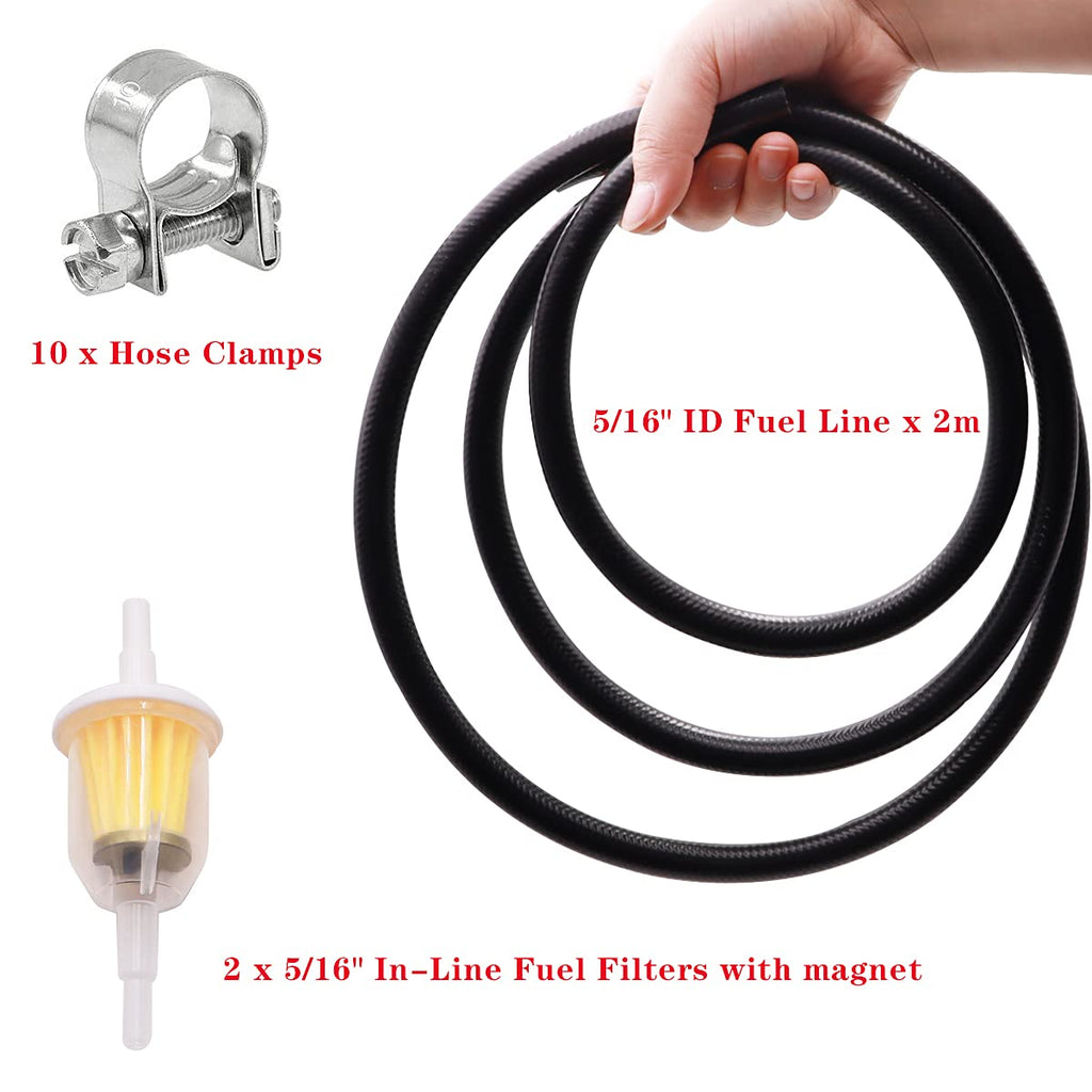 Tnisesm 5/16"(8MM) Inch ID Fuel Line Kits, 2 Meter / 6-Foot Fuel Line + 2Pcs 1/4 Inch X 5/16 Inch Gas Inline Fuel Filters with Magnet +10 Pcs 15/32''-9/16'' Mini Fuel Hose Clamps Adjustable