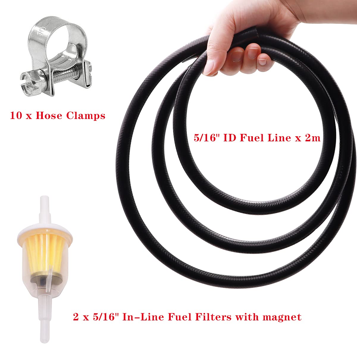 Tnisesm 5/16"(8MM) Inch ID Fuel Line Kits, 2 Meter / 6-Foot Fuel Line + 2Pcs 1/4 Inch X 5/16 Inch Gas Inline Fuel Filters with Magnet +10 Pcs 15/32''-9/16'' Mini Fuel Hose Clamps Adjustable