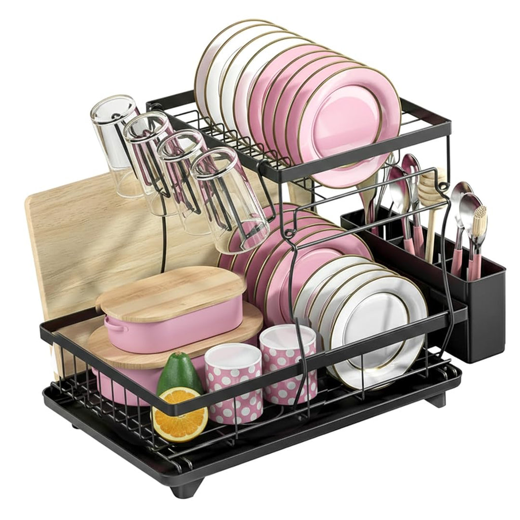 Space-Saving 2-Tier Dish Drying Rack with drip Tray, Swivel spout, Utensil Holder and More, Perfect for Small Kitchen counters and Keeping Things Neat