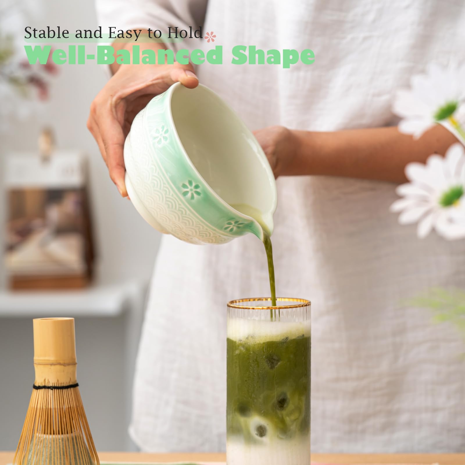 Matcha Tea Set, 8 Pcs Japanese Matcha Kit with Cherry Blossom and Wave Design Ceramic Bowl, Bamboo Whisk, Whisk Holder, Scoop, Sifter, Brush, Matcha Whisk Set for Matcha Lovers (Green Gradient)