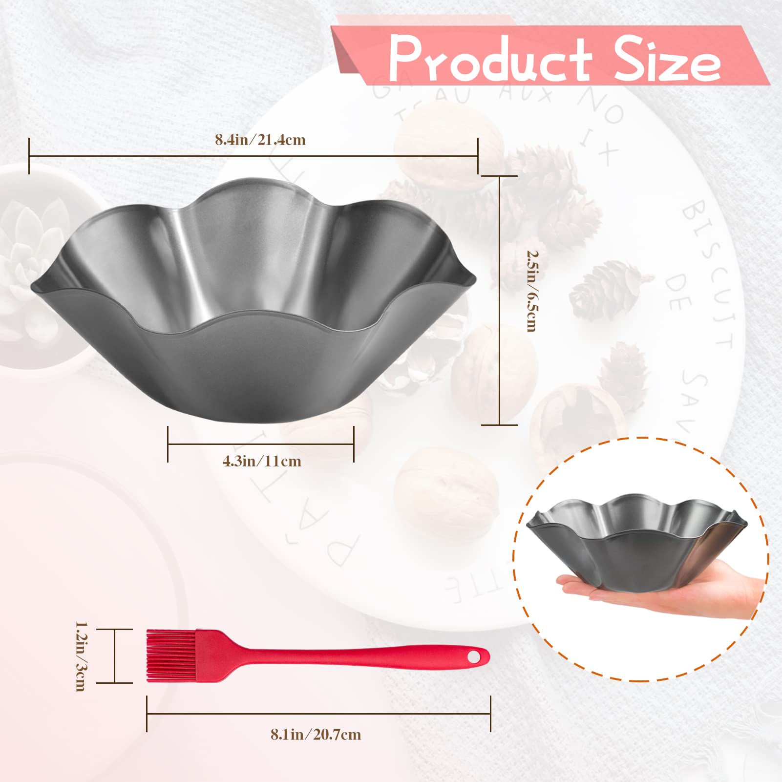 DSVENROLY 6Pcs Large-Nonstick Tortilla Shell Maker, 8.4-inch Taco Salad Bowl Pans Set with Silicone Gloves and Basting Brush, Carbon Steel Fluted Pan Baking Molds for Kitchen