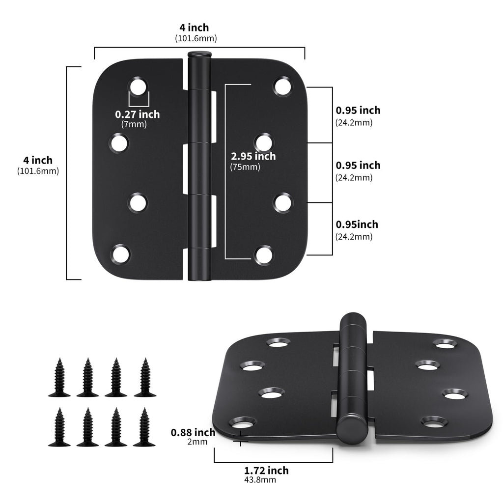 Goldenwarm Pack of 3 Matte Black Door Hinges 4 Inch for Interior and Exterior - 4x4 With 5/8" Radius Corners, Residential Heavy-Duty Hardware