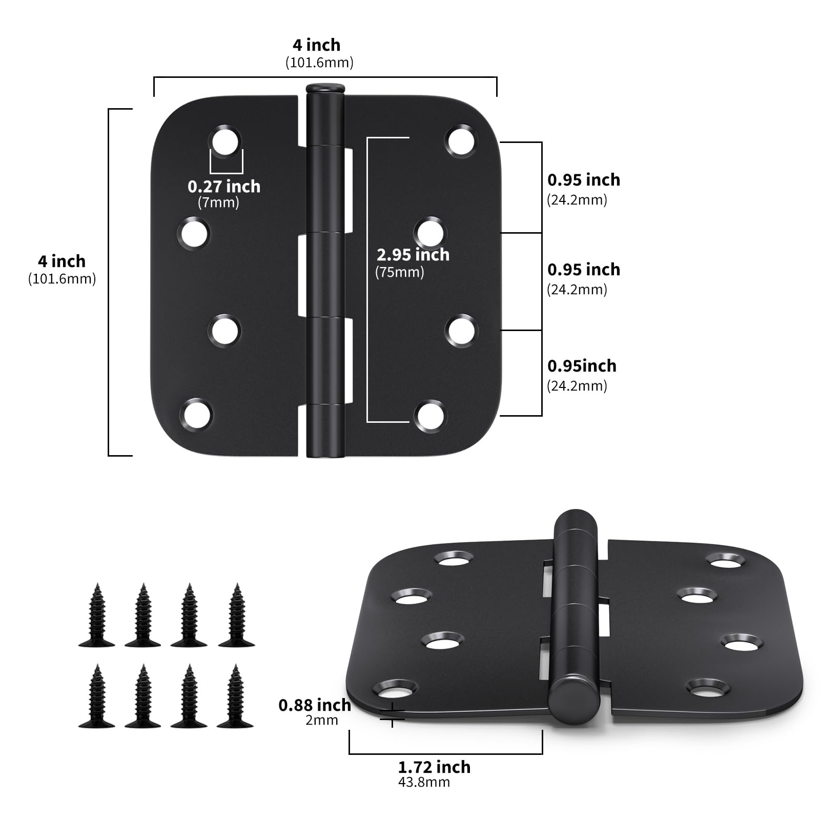 Goldenwarm Pack of 3 Matte Black Door Hinges 4 Inch for Interior and Exterior - 4x4 With 5/8" Radius Corners, Residential Heavy-Duty Hardware