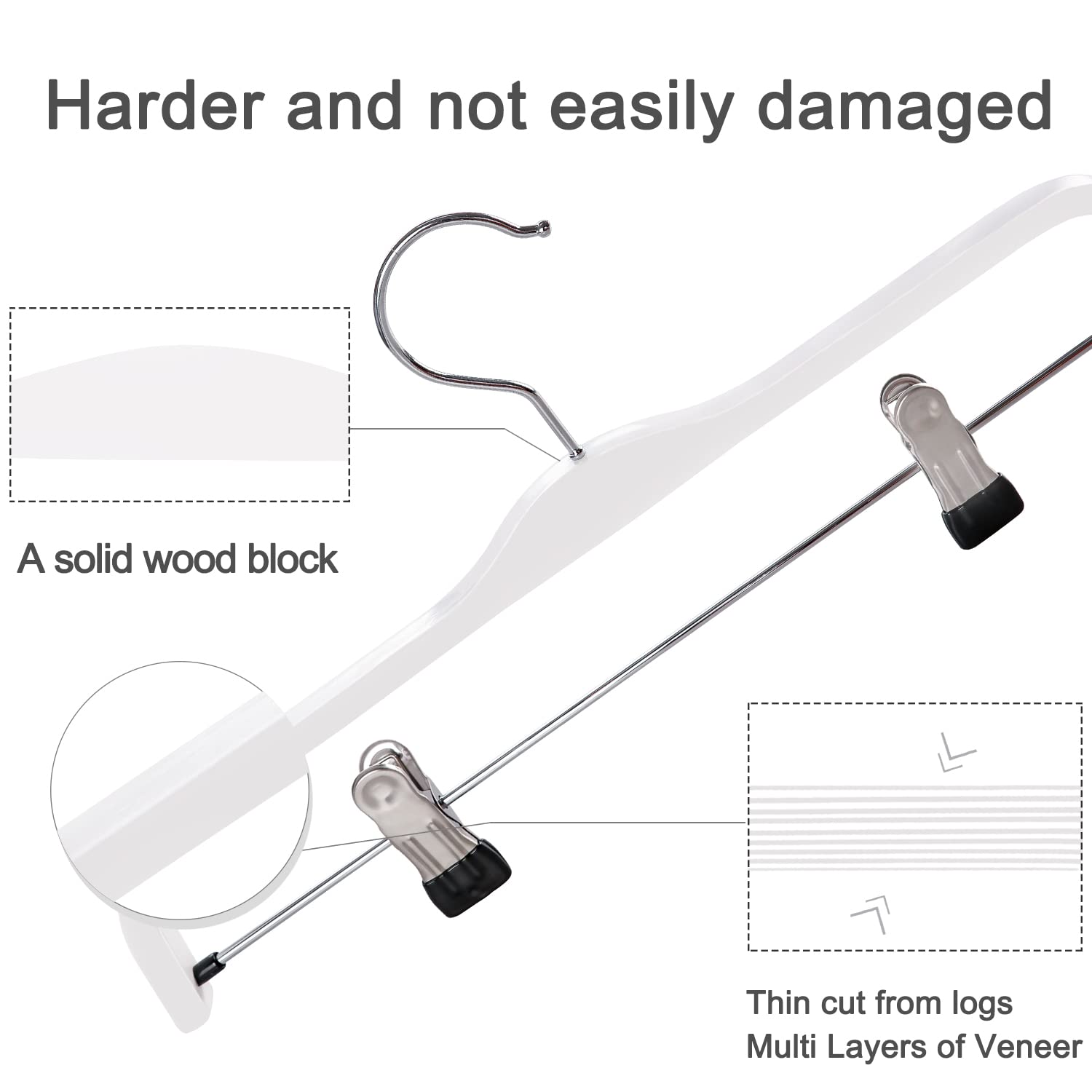 TOPIA HANGER Wooden Pants Hangers,Slim Natural Wood Skirt Hangers with Anti-Rust Hook and Adjustable Metal Clips, Perfect for Skirts,Pants,Slacks-10 Pack-CT17W