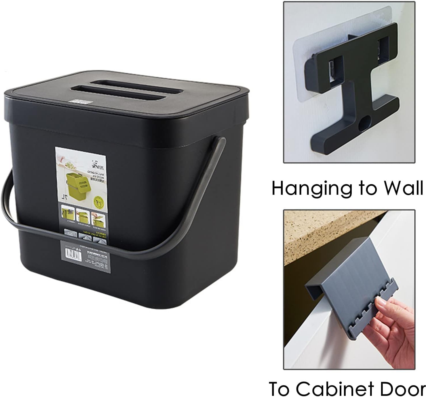 Kitchen Compost Bin with Lid, 1.8 Gallon / 7L Hanging Trash Can Small Portable Garbage Box Compost Bucket for Under Sink, Cabinet Door, Countertop -9.8" x 8.5" x 7.7"- Recycling Bins, Black